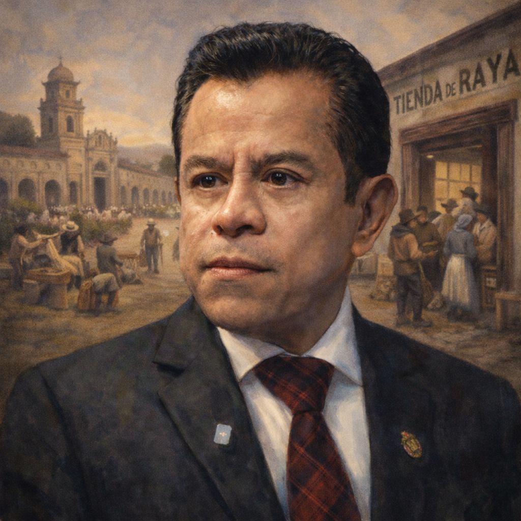 Ilustración satírica de trabajadores del sector salud protestando frente a un supermercado con vales en la mano