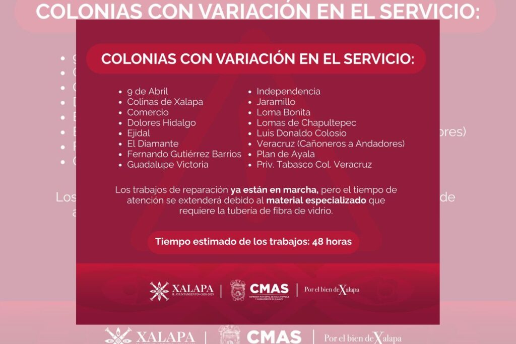 Fuga en Andador Mangos provoca suspensión de agua en colonias de Xalapa; CMAS reporta trabajos de reparación en curso.