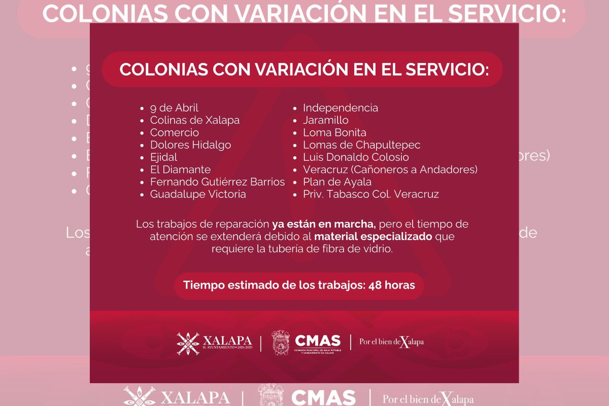 Fuga en Andador Mangos provoca suspensión de agua en colonias de Xalapa; CMAS reporta trabajos de reparación en curso.