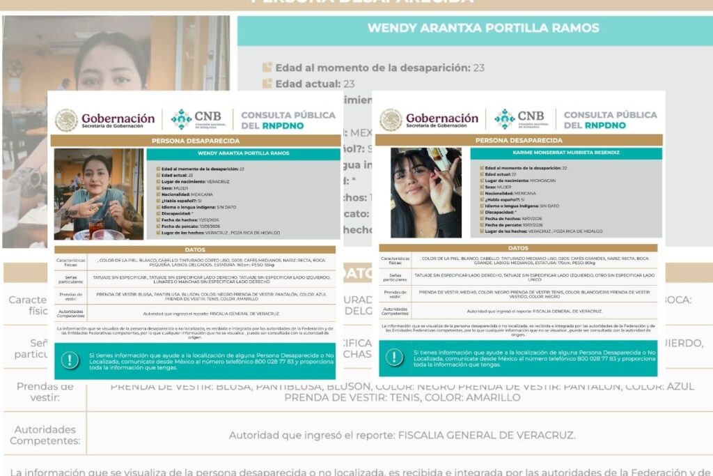 Fichas de búsqueda de Wendy Portilla y Karime Murrieta, desaparecidas en Poza Rica
