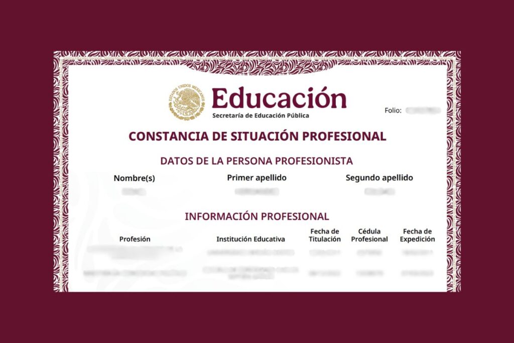 Pantalla del sitio de la SEP donde se tramita la Constancia de Situación Profesional en línea