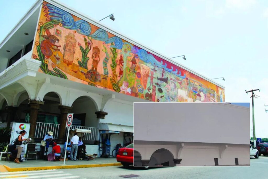 Mural Alegoría histórica de Tuxpan del artista David Celestinos antes de su eliminación en el Palacio Municipal.