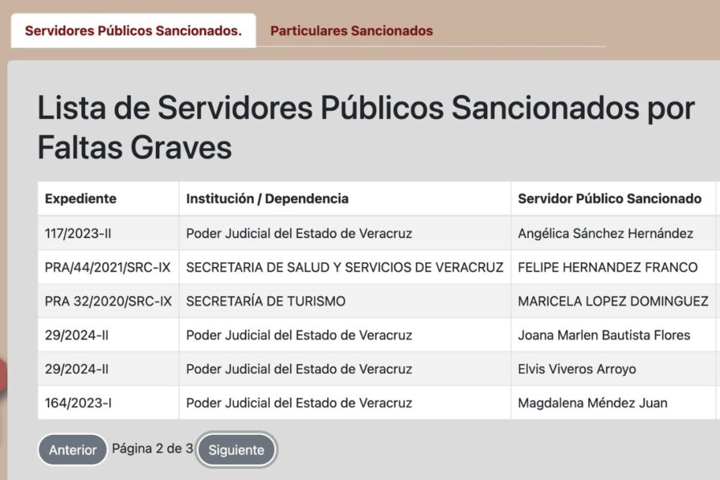 Captura de la Plataforma Digital Anticorrupción de Veracruz con listado de funcionarios inhabilitados.