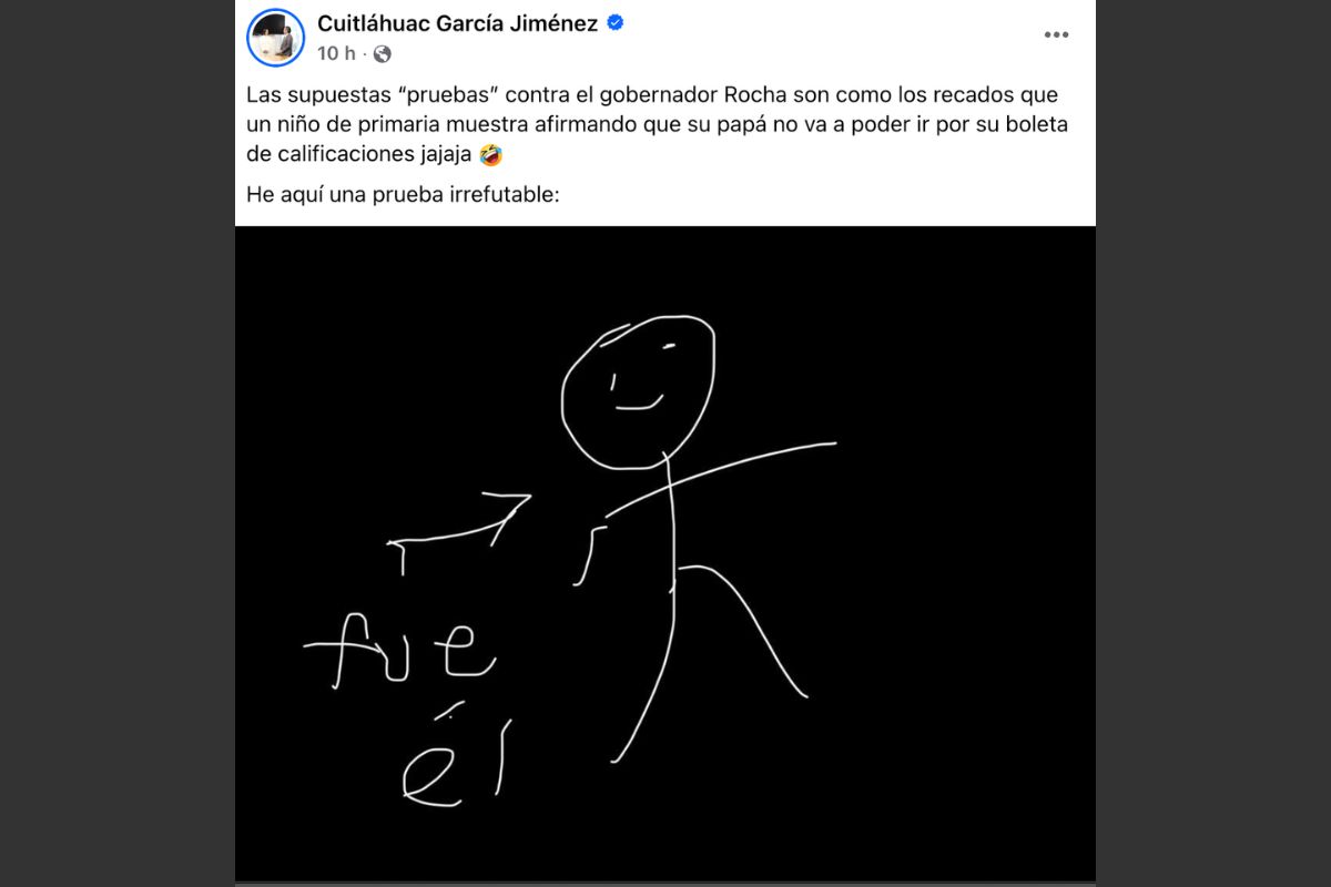 Publicación de Cuitláhuac García con dibujo infantil en respuesta a acusaciones contra Rocha Moya