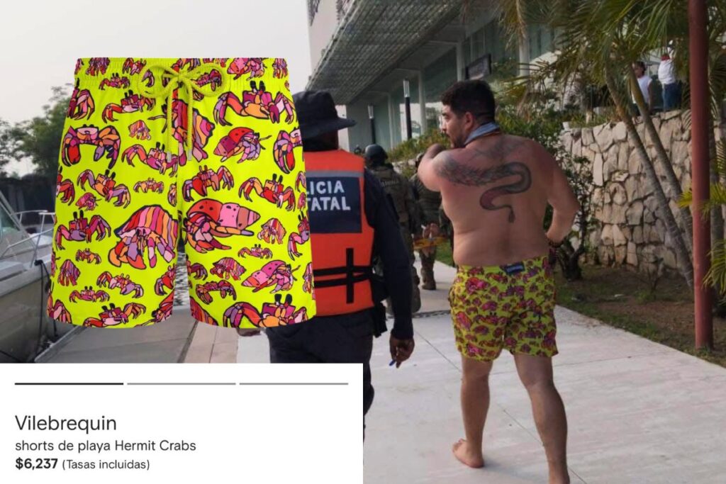 Zenyazen Escobar en la Riviera Veracruzana con bermuda Vilebrequin tras el incendio del supuesto yate relacionado con el caso.