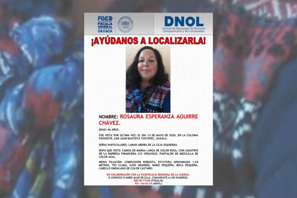 Ficha de búsqueda de Rosaura Aguirre Chávez desaparecida en Tuxtepec, Oaxaca.