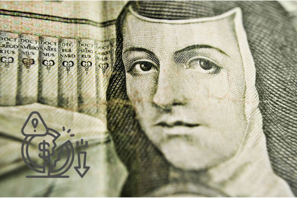 Persona sostiene un billete de doscientos pesos mientras enfrenta dificultades económicas y busca salir de las deudas.