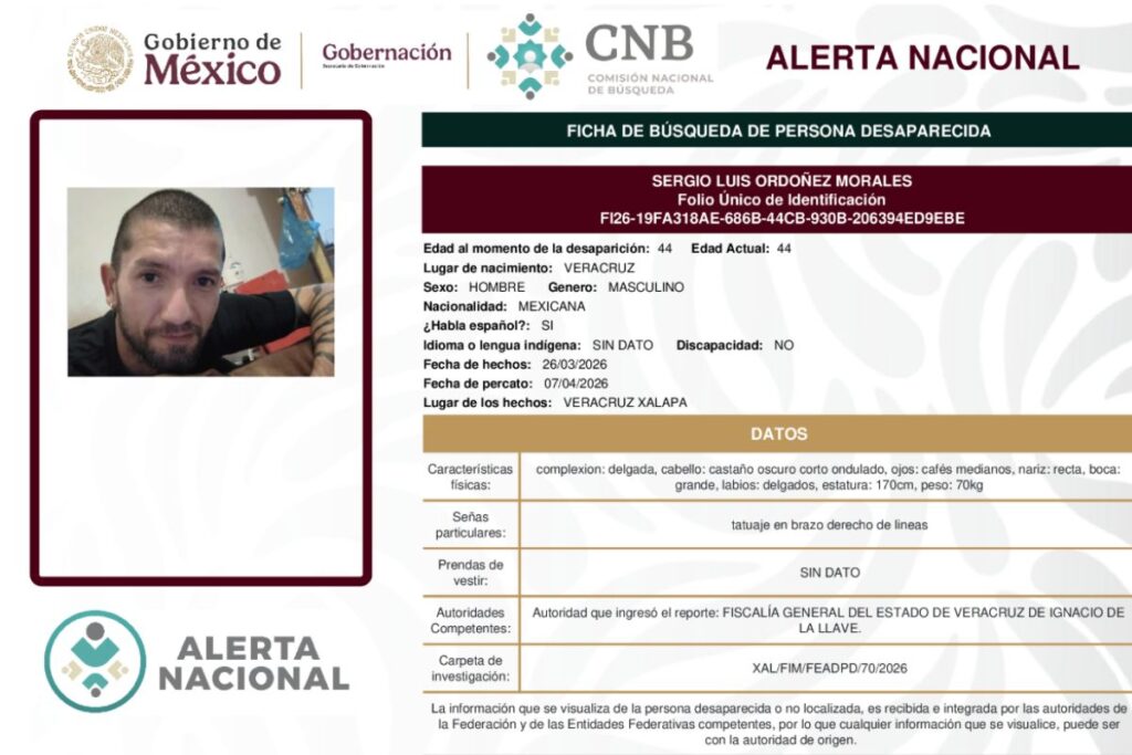 Ficha de búsqueda de Sergio Luis Ordóñez Morales, taxista desaparecido en Xalapa desde el 26 de marzo de 2026