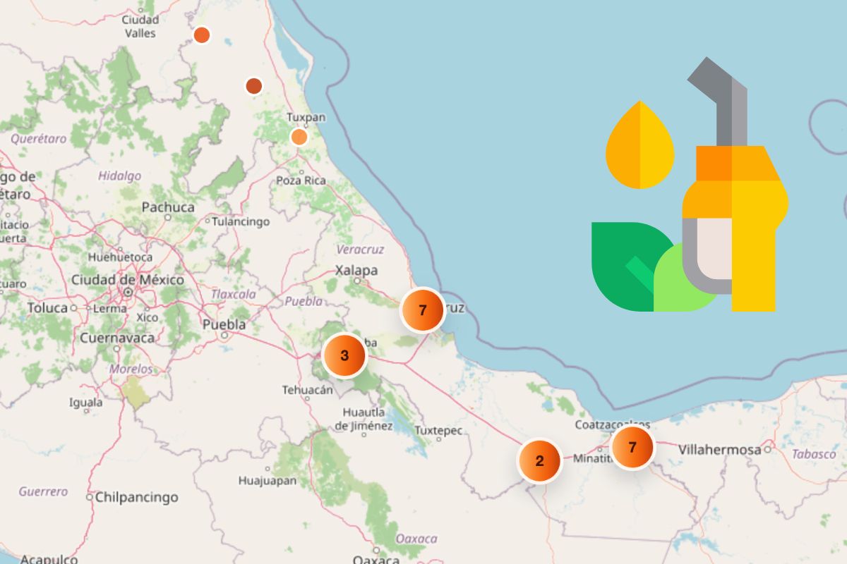 Mapa de la Secretaría de Energía con las estaciones de servicio en Veracruz que no cumplen el Acuerdo Voluntario del Diésel