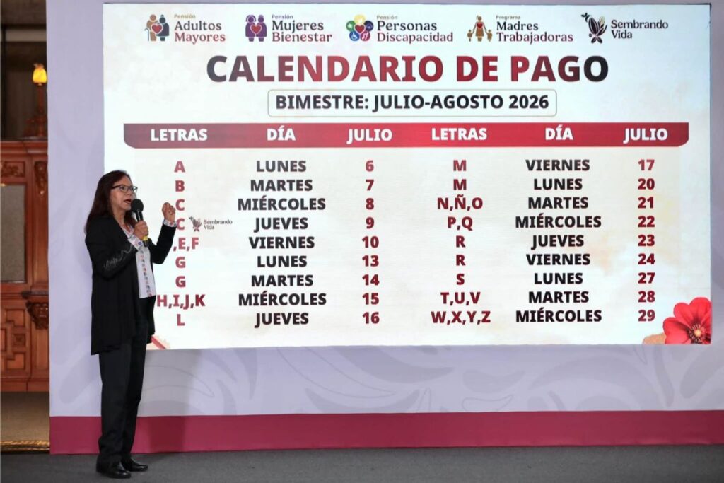 Calendario oficial de pagos de la Pensión Bienestar en Veracruz para el bimestre julio-agosto de 2026, organizado por la letra inicial del primer apellido.