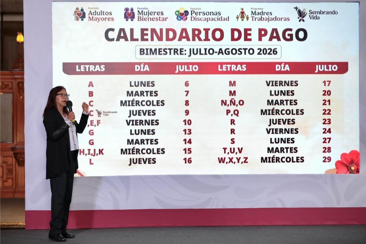 Calendario oficial de pagos de la Pensión Bienestar en Veracruz para el bimestre julio-agosto de 2026, organizado por la letra inicial del primer apellido.