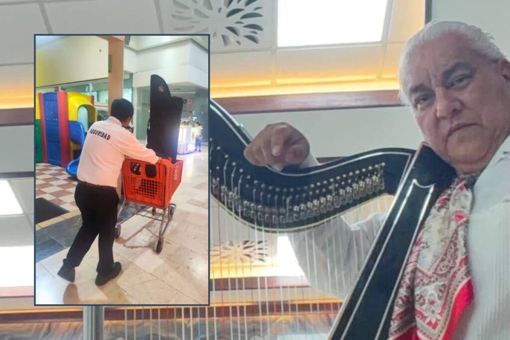 Delfino Guerrero con su arpa jarocha recuperada en Veracruz.
