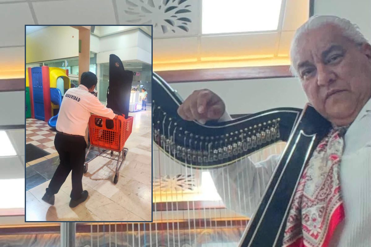 Delfino Guerrero con su arpa jarocha recuperada en Veracruz.