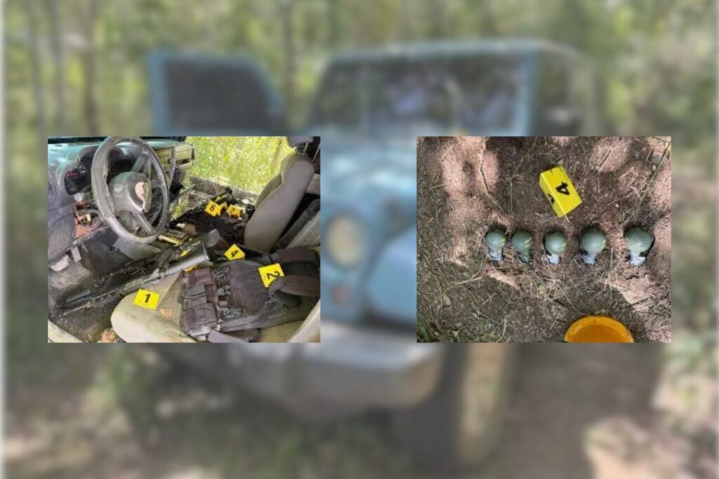 Armas, material balístico y bolsas aseguradas por la Fiscalía de Veracruz durante un cateo en Tempoal.