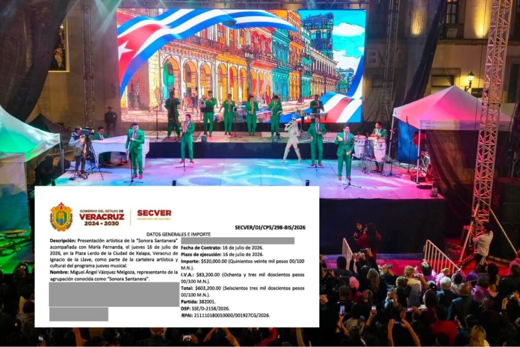 Concierto de la Sonora Santanera en Xalapa junto al contrato de la Secretaría de Cultura por 603 mil pesos.