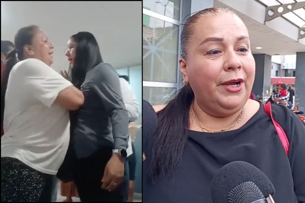 Cora de Jesús Rodríguez, vocera de madres de niños con cáncer, habla con reporteros afuera del Hospital de Alta Especialidad de Veracruz.