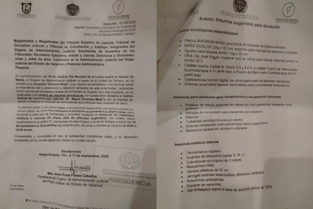 Oficio del Poder Judicial de Veracruz que invita a su personal a donar insumos médicos para el Cecan por Octubre Rosa.