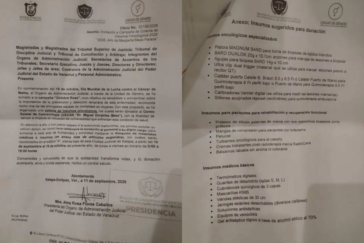Oficio del Poder Judicial de Veracruz que invita a su personal a donar insumos médicos para el Cecan por Octubre Rosa.