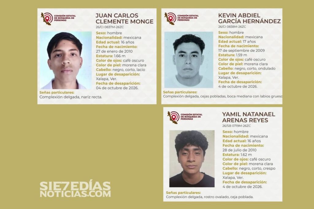 Fichas de búsqueda de tres adolescentes desaparecidos en Xalapa, Veracruz.