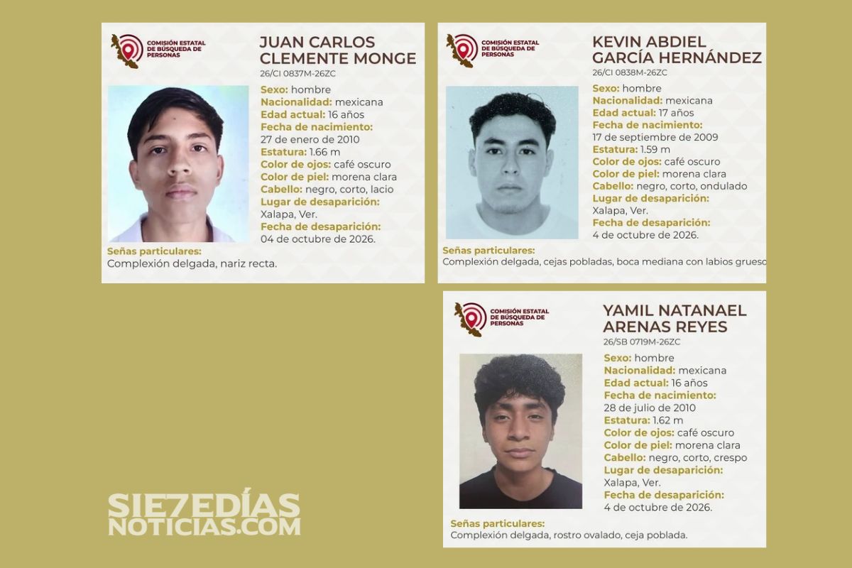 Fichas de búsqueda de tres adolescentes desaparecidos en Xalapa, Veracruz.