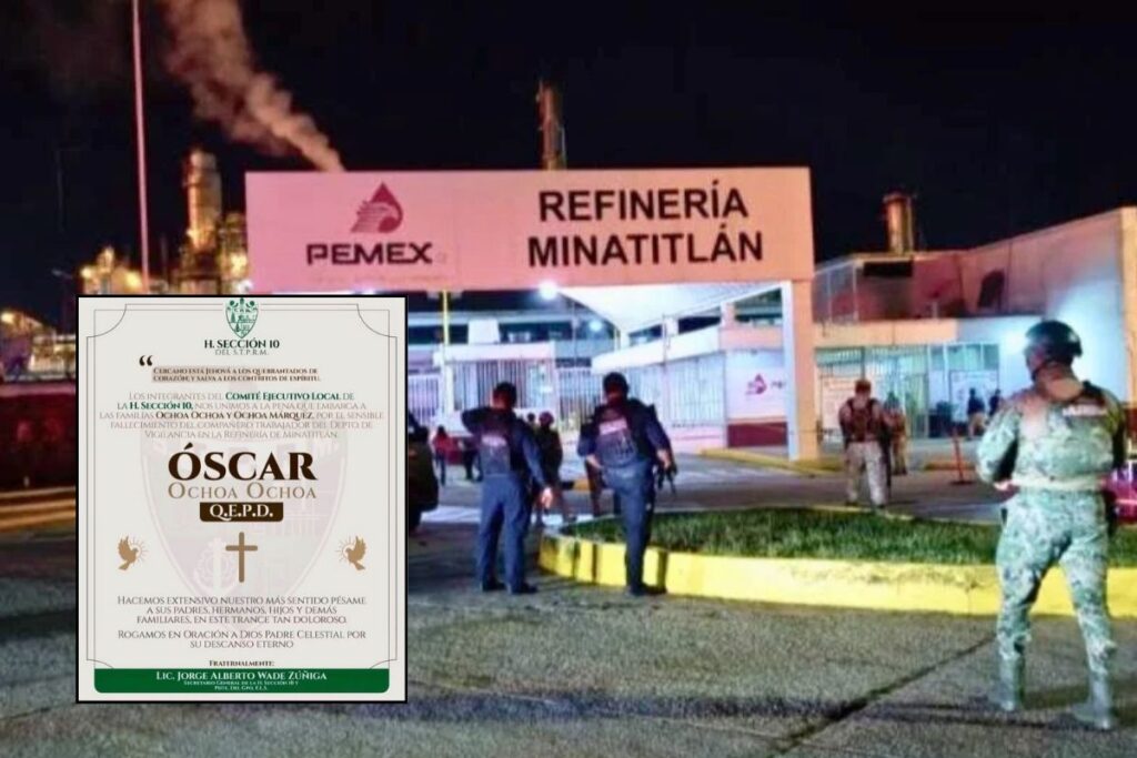 Entrada de la refinería de Minatitlán, Veracruz, acordonada tras el ataque armado contra dos vigilantes.